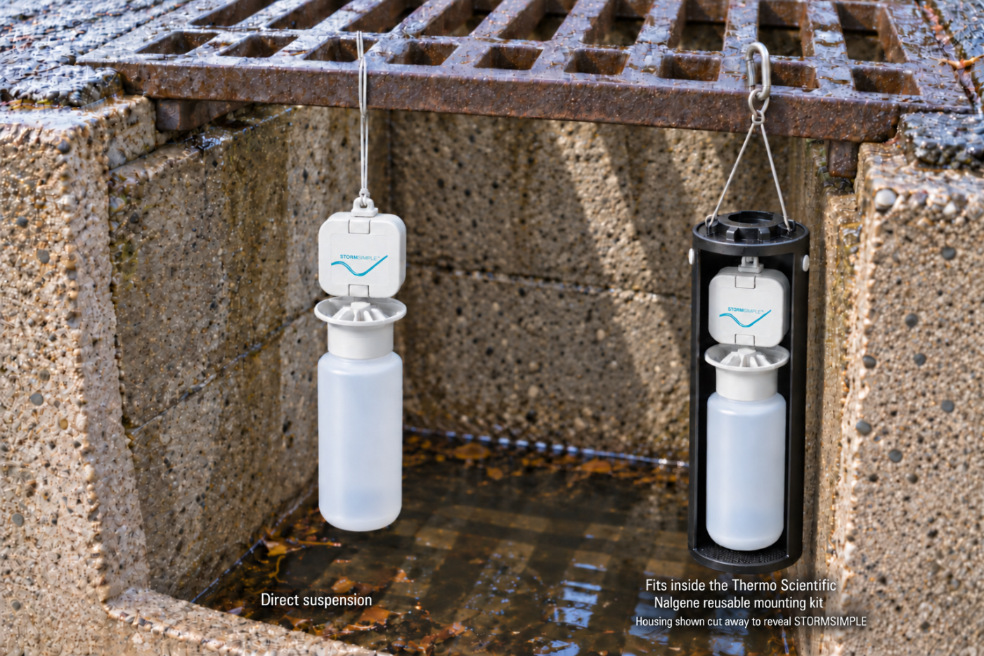 Signal sampler in a catch basin — hung directly from the grate, and inside a Thermo Scientific Nalgene mounting kit