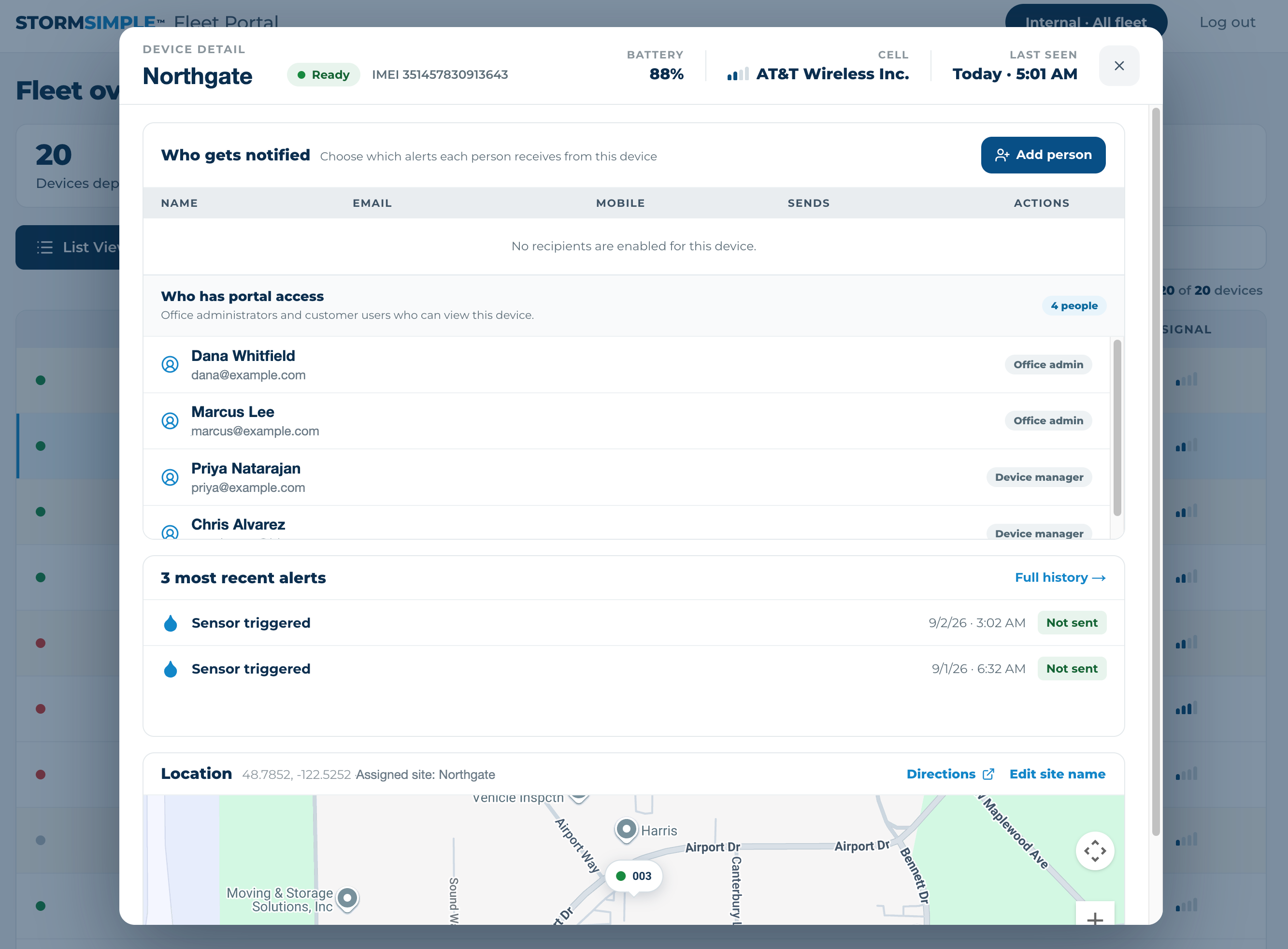 StormSimple Fleet Portal — device detail with alert recipients