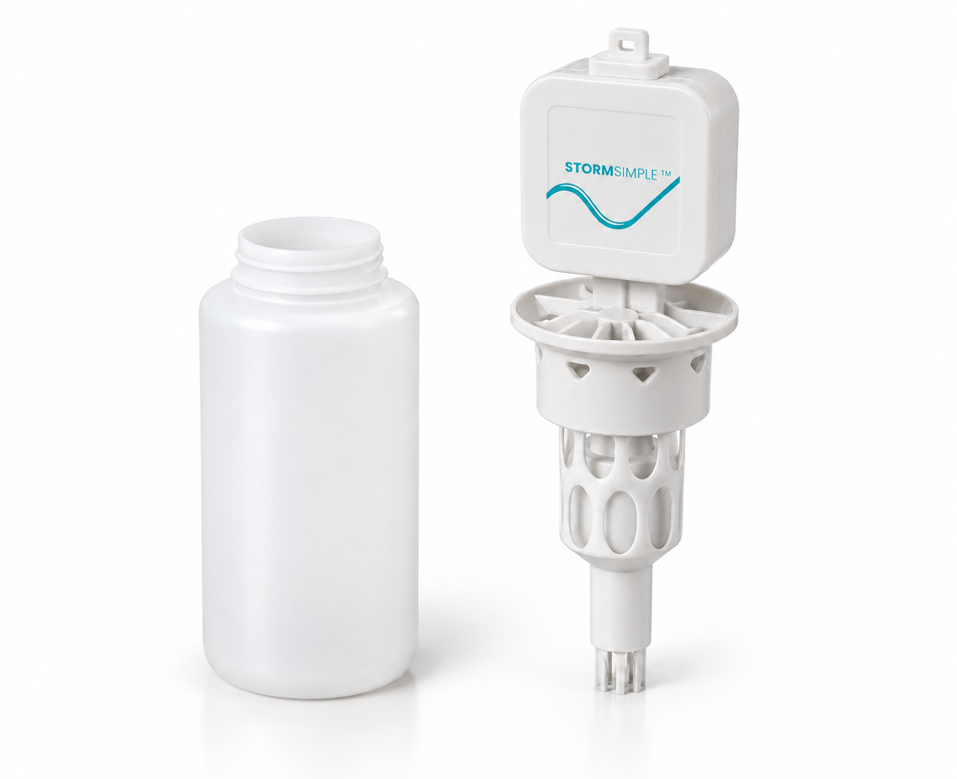 Sampler head and cage separated from the 1 L HDPE bottle